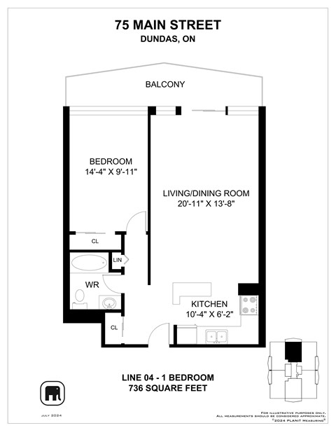 Floor plan for 1 bed, 1 bath, 727 sqft